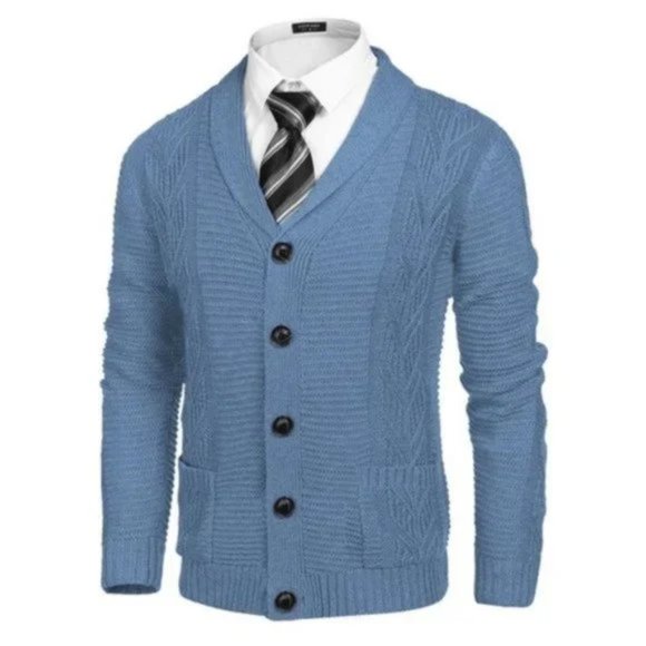 mens blue shawl collar sweater